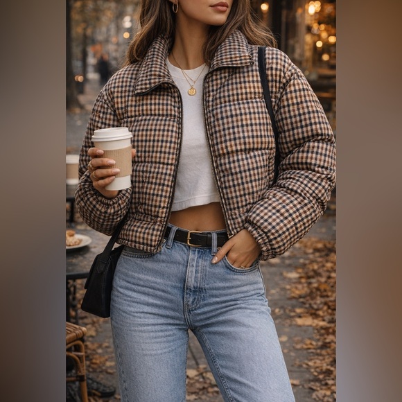 Lucky Brand Jackets & Blazers - Lucky Brand Plaid Cropped Puffer Jacket – Neutral Academia Vibe